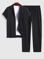 Men\'s Casual Pinstripe Pocket Design Camp Collar Button Up Short Sleeves Shirt And Drawstring Straight Leg Pants Set BLACK - PURECLO