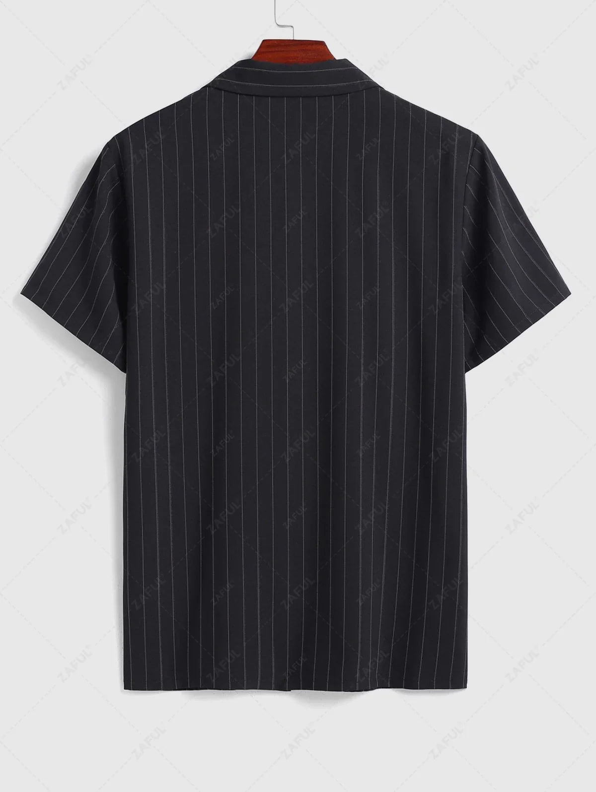 Men\'s Casual Pinstripe Pocket Design Camp Collar Button Up Short Sleeves Shirt And Drawstring Straight Leg Pants Set BLACK - PURECLO