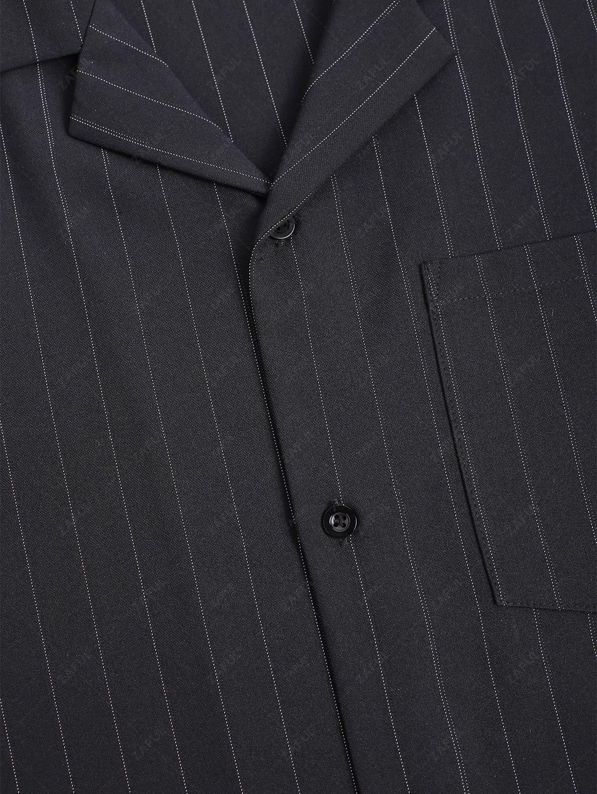 Men\'s Casual Pinstripe Pocket Design Camp Collar Button Up Short Sleeves Shirt And Drawstring Straight Leg Pants Set BLACK - PURECLO