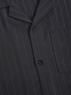 Men\'s Casual Pinstripe Pocket Design Camp Collar Button Up Short Sleeves Shirt And Drawstring Straight Leg Pants Set BLACK - PURECLO