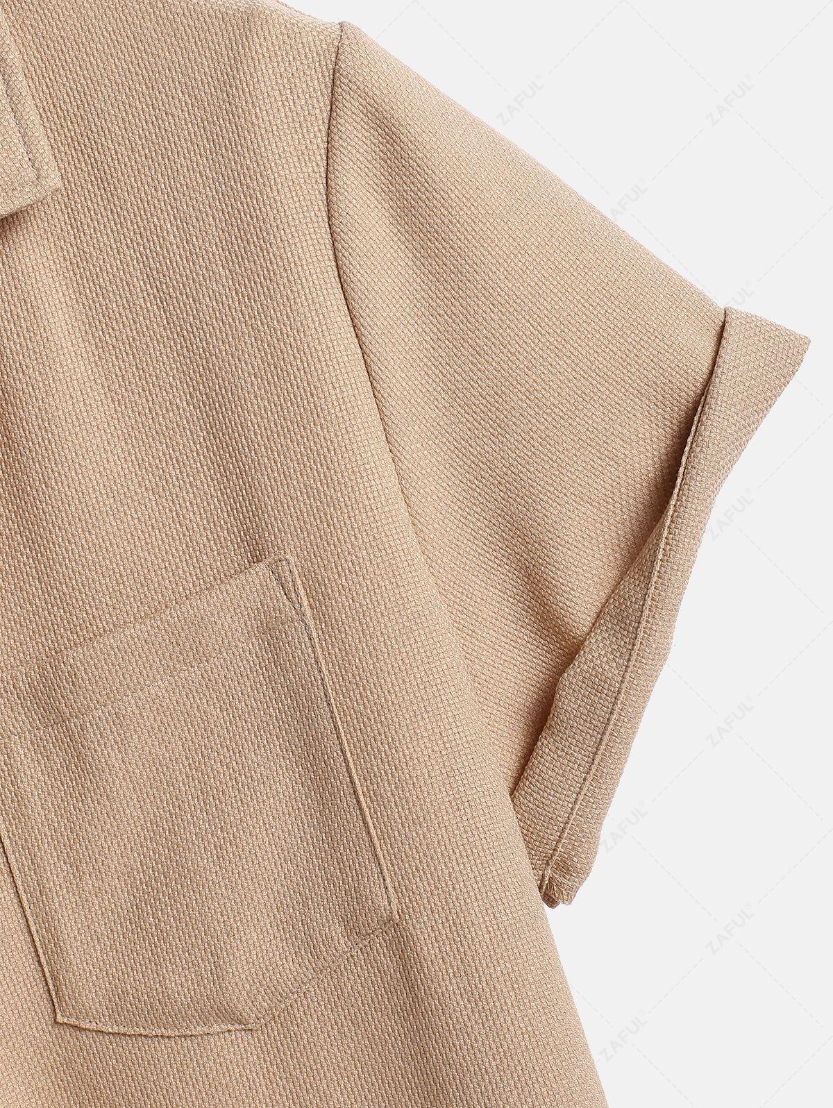 Men\'s Cotton And Linen Textured Pocket Design Camp Collar Button Up Short Sleeves Shirt And Drawstring Straight Leg Pants Set BLACK LIGHT BLUE COFFEE - PURECLO