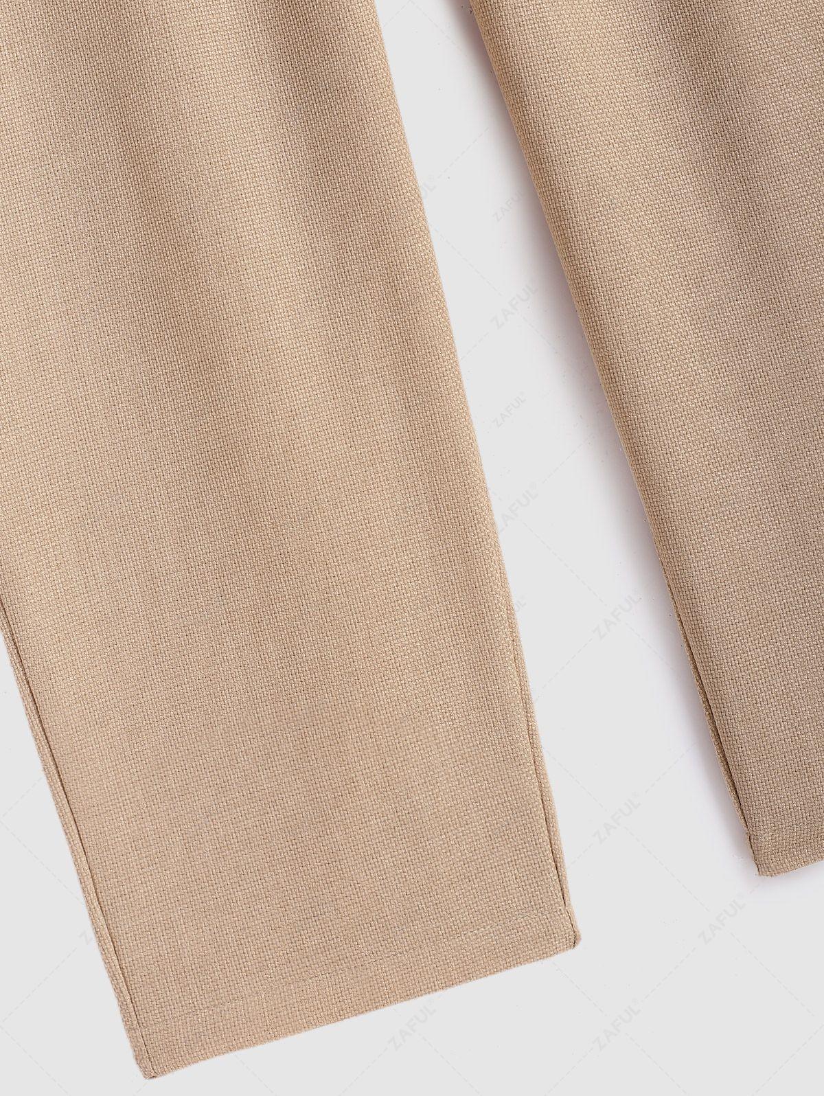 Men\'s Cotton And Linen Textured Pocket Design Camp Collar Button Up Short Sleeves Shirt And Drawstring Straight Leg Pants Set BLACK LIGHT BLUE COFFEE - PURECLO