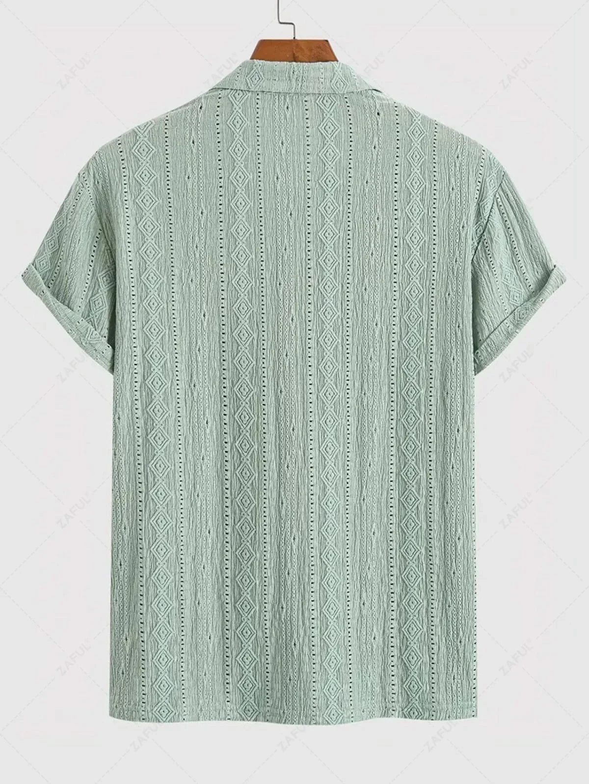 Men\'s Casual Textured Openwork Polo Collar Half Buttoned Short Sleeves Shirt And Cotton and Linen Straight Leg Pants Set LIGHT GREEN COFFEE - PURECLO