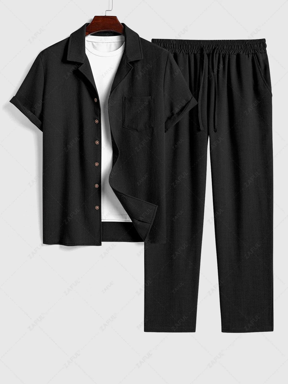 Herren-Set aus strukturiertem Baumwoll-Leinen-Hemd mit Camp-Kragen, kurzen Ärmeln und gerader Hose mit Kordelzug, Taschendesign, Schwarz, Hellblau, Kaffee