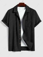 Men\'s Cotton And Linen Textured Pocket Design Camp Collar Button Up Short Sleeves Shirt And Drawstring Straight Leg Pants Set BLACK LIGHT BLUE COFFEE - PURECLO