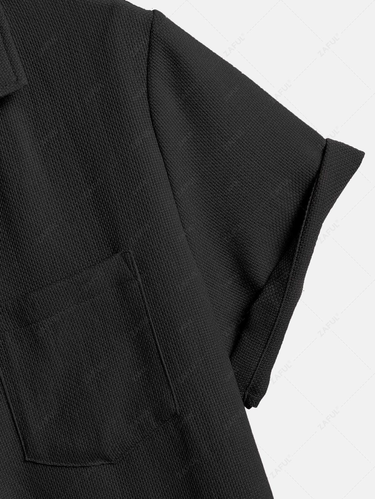 Men\'s Cotton And Linen Textured Pocket Design Camp Collar Button Up Short Sleeves Shirt And Drawstring Straight Leg Pants Set BLACK LIGHT BLUE COFFEE - PURECLO