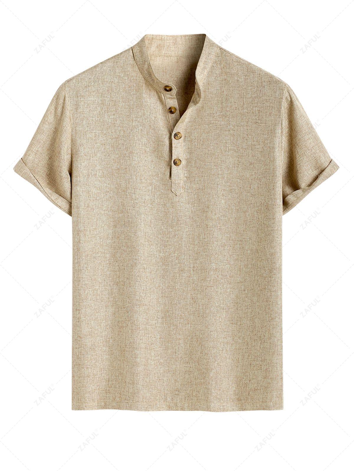 Men\'s Solid Color Linen Textured Stand Collar Half Buttoned Short Sleeves Shirt And Slant Pockets Drawstring Casual Shorts Set LIGHT COFFEE - PURECLO