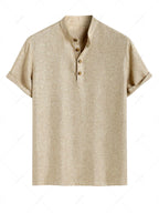 Men\'s Solid Color Linen Textured Stand Collar Half Buttoned Short Sleeves Shirt And Slant Pockets Drawstring Casual Shorts Set LIGHT COFFEE - PURECLO