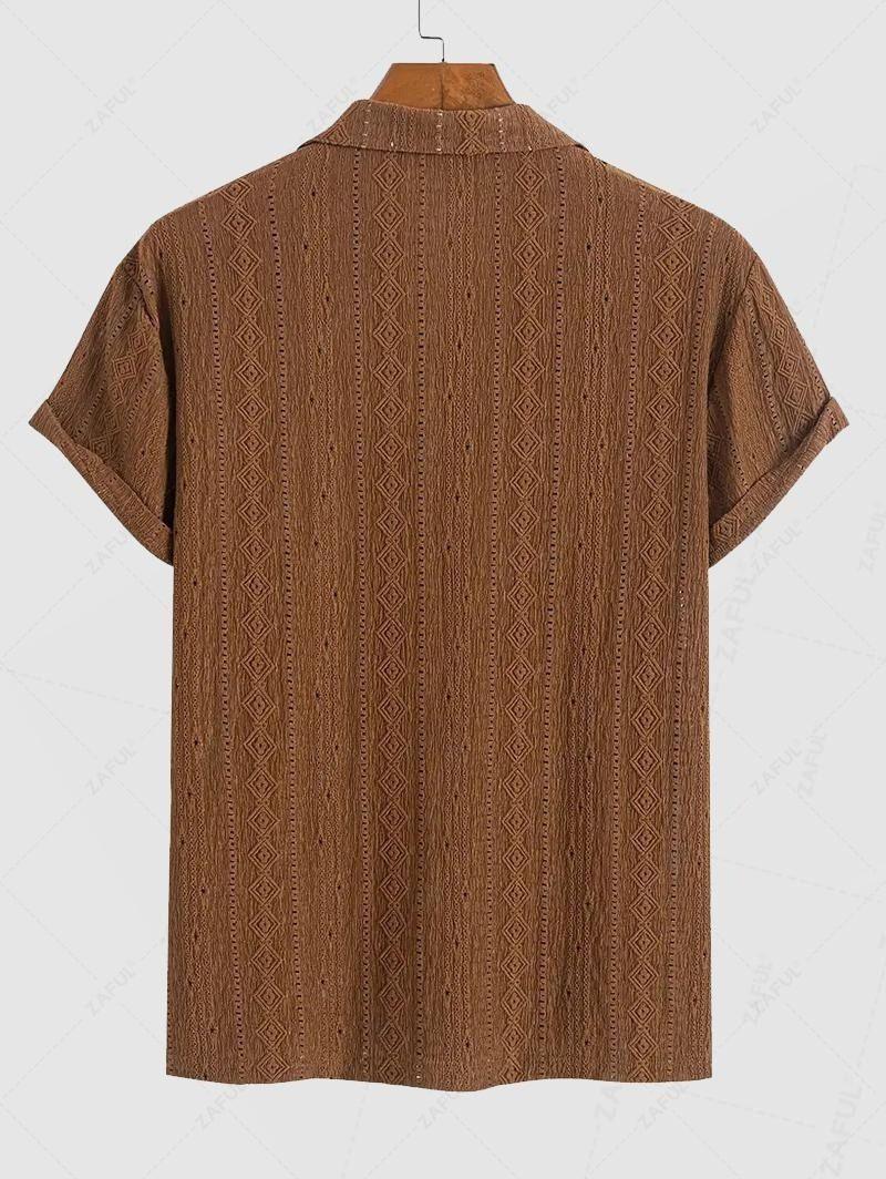 Men\'s Casual Textured Openwork Polo Collar Half Buttoned Short Sleeves Shirt And Cotton and Linen Straight Leg Pants Set LIGHT GREEN COFFEE - PURECLO