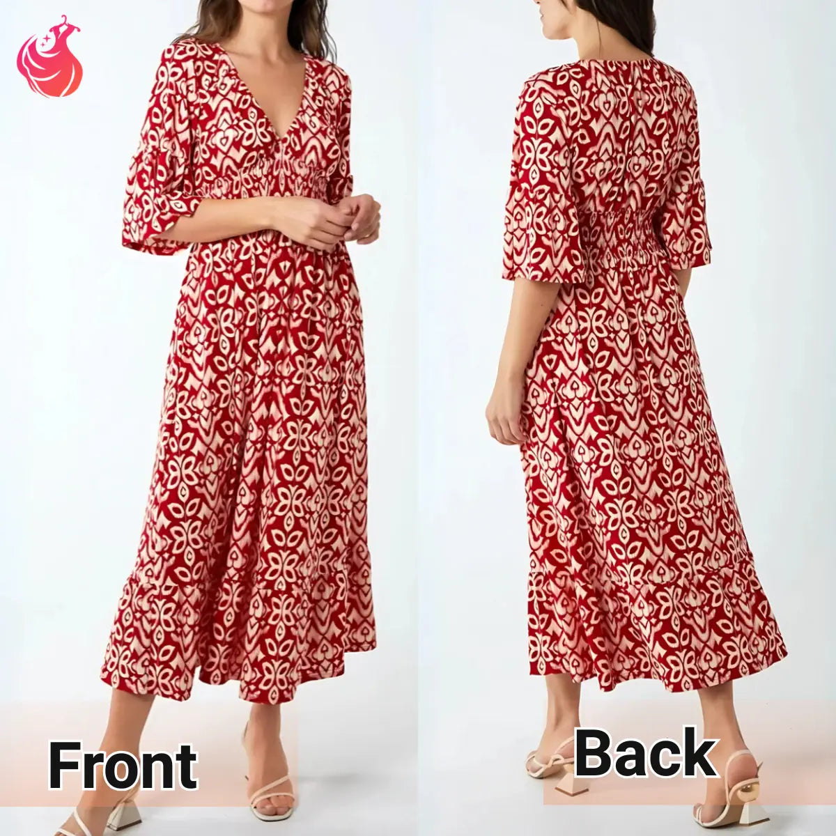 Lässiges langes Kleid im Boho-Stil mit V-Ausschnitt, geraffter Taille und Print – Letzter Tag im Angebot: 70 % Rabatt 