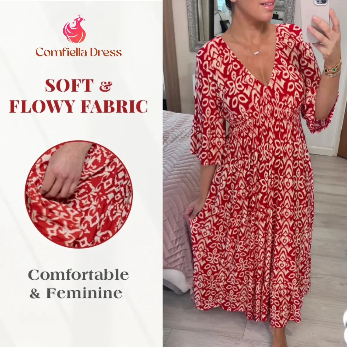 Lässiges langes Kleid im Boho-Stil mit V-Ausschnitt, geraffter Taille und Print – Letzter Tag im Angebot: 70 % Rabatt 
