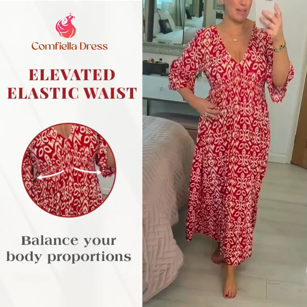 Lässiges langes Kleid im Boho-Stil mit V-Ausschnitt, geraffter Taille und Print – Letzter Tag im Angebot: 70 % Rabatt 