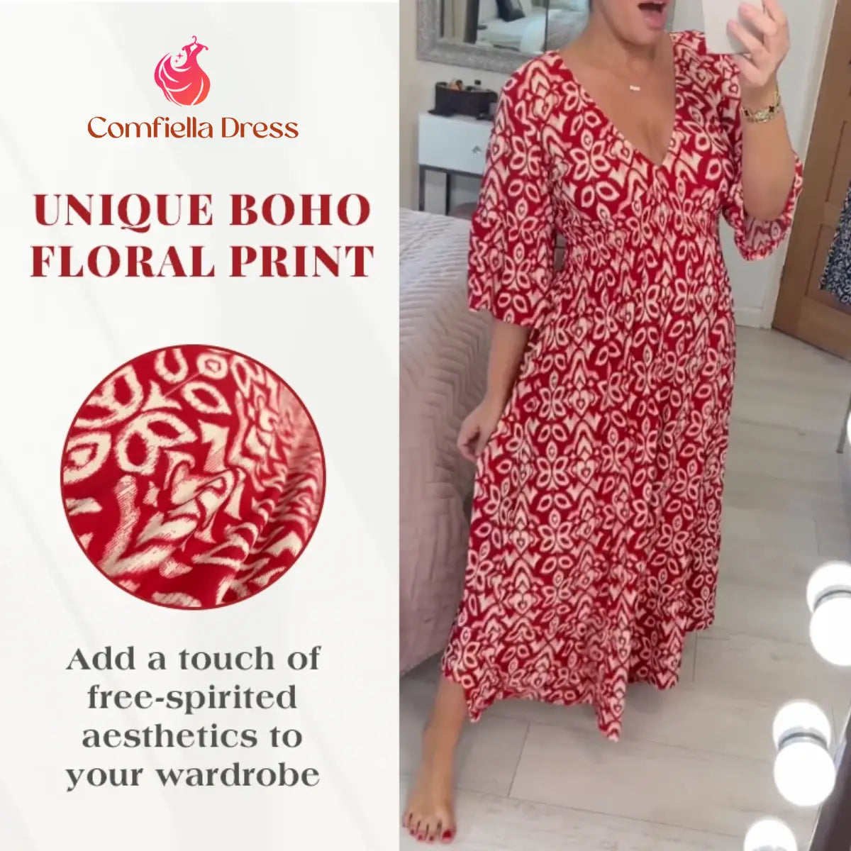 Lässiges langes Kleid im Boho-Stil mit V-Ausschnitt, geraffter Taille und Print – Letzter Tag im Angebot: 70 % Rabatt 