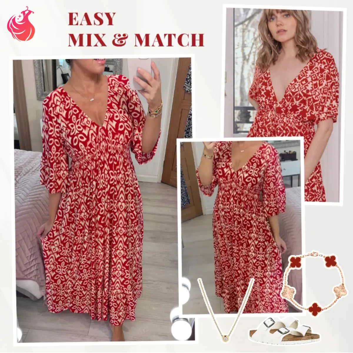 Lässiges langes Kleid im Boho-Stil mit V-Ausschnitt, geraffter Taille und Print – Letzter Tag im Angebot: 70 % Rabatt 