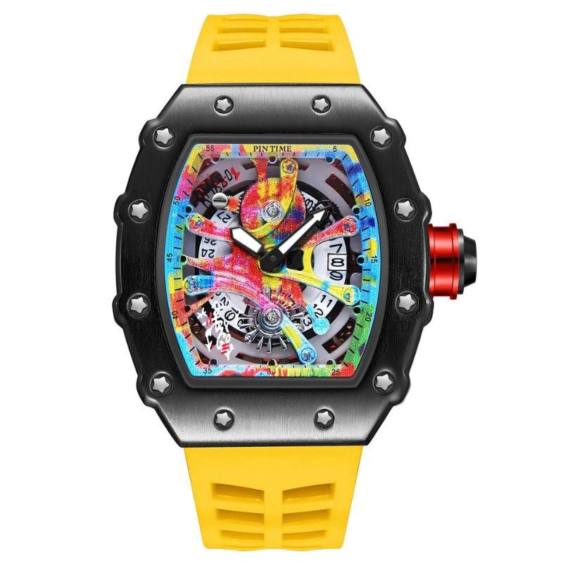 Relógio masculino 7SUIT Graffiti com caixa preta escovada, mostrador colorido estilo grafite e pulseira de silicone preta. Visual ousado para homens com personalidade forte.