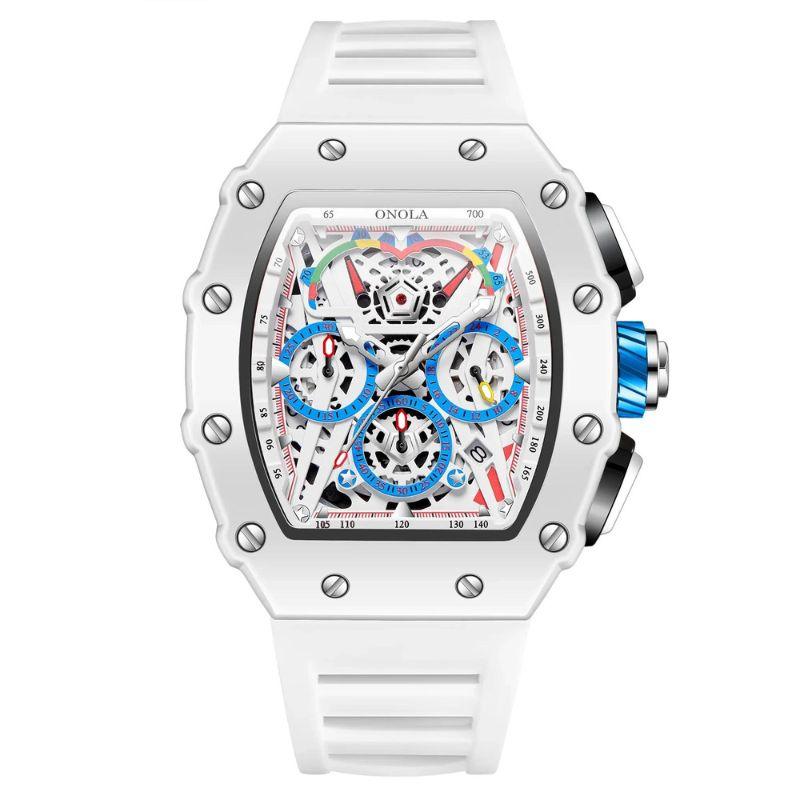 Relógio masculino 7SUIT Orono com caixa branca, detalhes em azul, pulseira ajustável e mostrador esportivo. Sofisticação à prova d’água para homens com personalidade marcante.