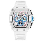 Relógio masculino 7SUIT Orono com caixa branca, detalhes em azul, pulseira ajustável e mostrador esportivo. Sofisticação à prova d’água para homens com personalidade marcante.