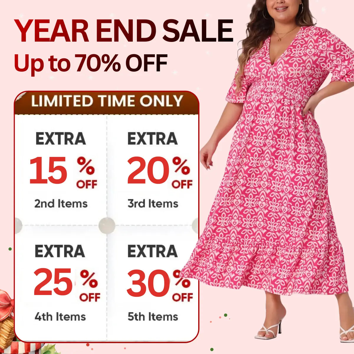 Lässiges langes Kleid im Boho-Stil mit V-Ausschnitt, geraffter Taille und Print – Letzter Tag im Angebot: 70 % Rabatt 